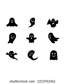 Scary ghosts icon set in flat style. Halloween ghost icons set isolated on white background. Perfect for coloring book, textiles, icon, web, painting, books, t-shirt. 