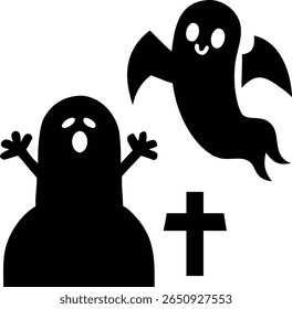 Fantasmas assustadores sobre lápides Silhueta Vetor Design para Halloween
