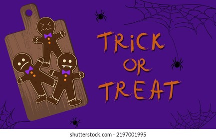 scary gingerbread cookie men with sinister emotions on wooden kitchen board, creative halloween on violet background with an inscription trick or treat
