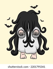Scary Girl Cartoon Horror Halloween Black Hair