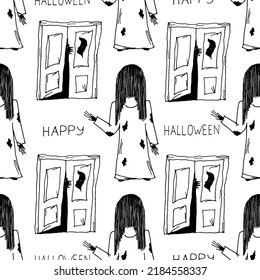 Scary girl in old nightie with long black hair and open door with monster and inscription Happy Halloween. Pattern of girl from a horror movie. Horror halloween background. Halloween concept.