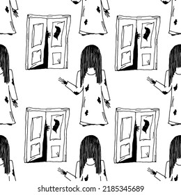 Scary girl in old nightie with long black hair and open door with monster hand and eyes in the dark. Pattern of girl from a horror movie. Beautiful and horror halloween background. Halloween concept.