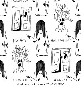 Scary girl in old nightie with long black hair, tree and open door with monster and inscription Happy Halloween. Pattern of girl from a horror movie. Horror halloween background. Halloween concept.