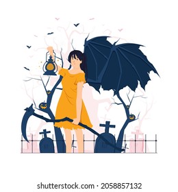 Scary girl on Halloween concept illustration