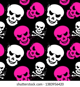 scary girlish seamless pattern background with skulls and crossbones, the drawing contains only three colors, ideal for print, textile, web, and other designs, eps10 vector illustration