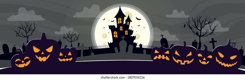 Scary gloomy night abandoned cemetery on the background of the castle - illustration