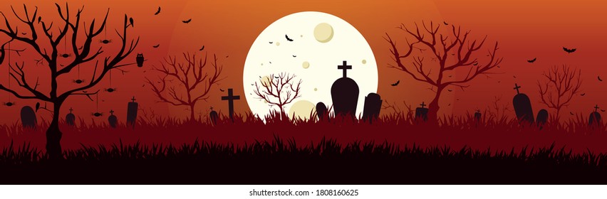 Scary gloomy night abandoned cemetery on the background of the castle