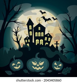 Scary gloomy night abandoned cemetery on the background of the castle - illustration