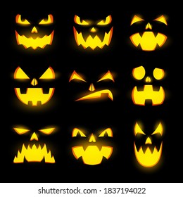 Caras de calabaza de resplandor espeluznantes, íconos vectores aislados, emoticonos monstruosos de Halloween, emojis de linternas, expresiones enfurecidas y regodeadas, ojos malvados brillantes, dientes y sonrisas espeluznantes, criaturas divertidas puestas