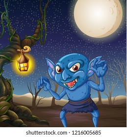 Scary goblin at night scene illustration