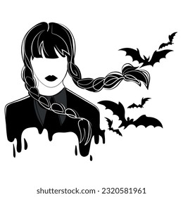 Scary gothic girl with pigtails and bats for Halloween holiday concept.Black and white drawing vector illustration.Halloween character girl with braids silhouette drawing in minimalist style