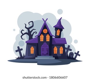 Scary Gothic House, Halloween Haunted Mansion Cartoon Style Vector Illustration on White Background