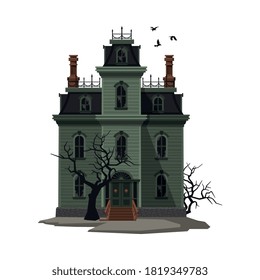 Scary Gothic House, Halloween Haunted Mansion With Birds Flying Around Vector Illustration On White Background