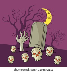 Scary grave character design,with moon and tree silhouette background,halloween celebration character