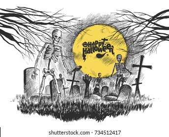 Scary graveyard - Halloween background, Hand Drawn Sketch Vector .