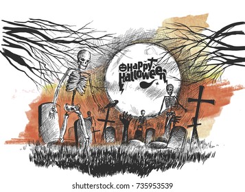 Scary graveyard - Halloween background, Hand Drawn Sketch Vector .