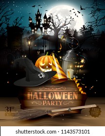 Scary graveyard and house in the woods - Halloween party background