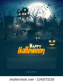 Scary graveyard and house in the woods - Halloween background