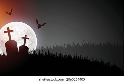 Scary Graveyard Scene With Moon And Flying Bats