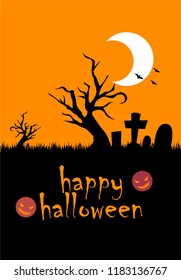 Scary graveyard under the moonlight with flying bats and couples of old gravestone and tree. Vector illustration of Halloween background