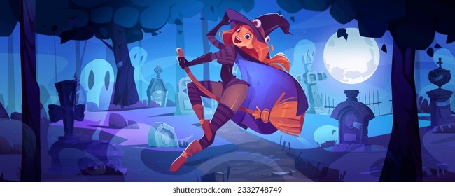 Scary graveyard vector background with witch on broom. Spooky night magic halloween illustration with cute girl in wizard costume flying in forest cemetery landscape. Nightmare with moonlight, ghost