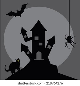 Scary gray old castle on Halloween with bat, spider and cat