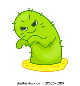 Scary green cactus cartoon character sticker. Spiky plant frightening someone in desert. Flat vector illustration. Emotions concept