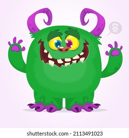 Scary green cartoon smiling monster character. Halloween Illustration of happy alien creature. Package or logo design. Vector isolated