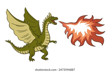 Scary green dragon with wings. Flames of fire from the mouth. Fairytale character. Fantastic mythical animal reptile. Cartoon vector isolated art illustration. Drawing line