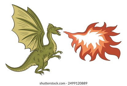 Scary green dragon with wings. Flames of fire from the mouth. Fairytale character. Fantastic mythical animal reptile. Cartoon vector isolated art illustration. Drawing line