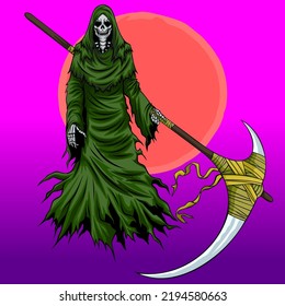 scary green grim reaper illustration with a red moon background. For merchandise or book cover layouts. Eps 8 vector