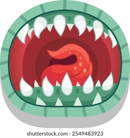 Scary green monster with sharp teeth and a menacing tongue roars in a threatening manner, perfect for halloween or fantasy designs