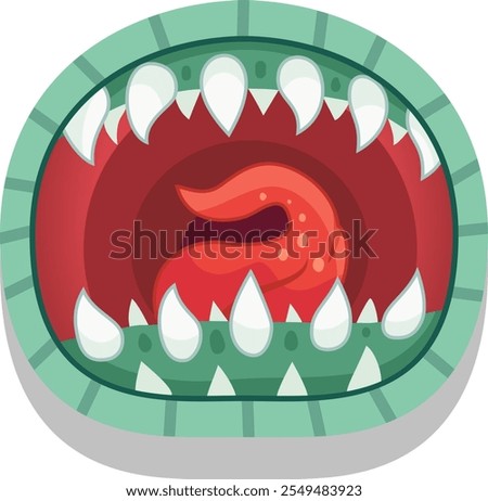 Scary green monster with sharp teeth and a menacing tongue roars in a threatening manner, perfect for halloween or fantasy designs