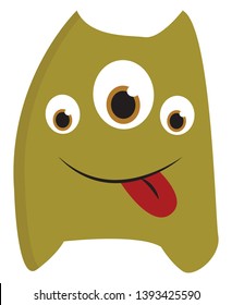 A scary green monster with three eyes and red tongue vector color drawing or illustration