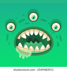 Scary green monster with three eyes, drooling and baring its teeth, perfect for halloween projects. Designed in a fun cartoon style, ideal for various design projects, vibrant and colorful