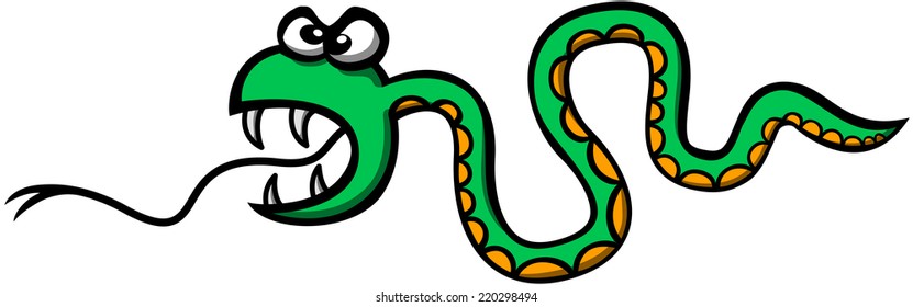 Scary green snake showing an aggressive mode, wide opening its mouth, sticking its forked tongue out, showing its sharp fangs and forming waves with its body while attacking violently