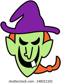 Scary green witch with long red hair and big nose wearing a huge purple hat while smiling mischievously