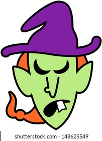 Scary green witch with long red hair and big nose wearing a huge purple hat while expressing how furious she is
