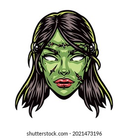 Scary green zombie girl head in vintage style isolated vector illustration