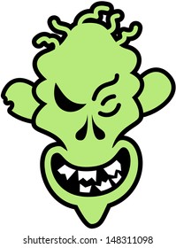 Scary green zombie with skinny face, hair as worms and broken teeth smiling maliciously