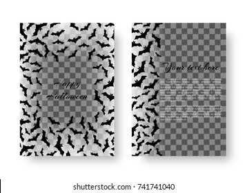 Scary greeting card design with bats for festive Halloween decoration on a transparent backdrop. Vector illustration.