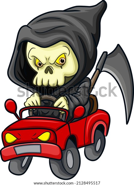 The scary grim reaper is driving car slowly\
of illustration