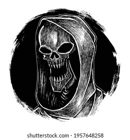 Scary Grim Reaper Face, Hand Drawn Illustration, Isolaed Vector