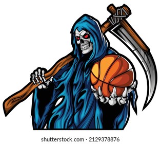 Scary grim reaper Halloween with basketball. Grim Reaper holding large scythe mascot, basketball logo for Halloween event.