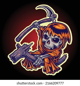 Scary grim reaper skull with wood scythe vector illustrations for your work logo, merchandise t-shirt, stickers and label designs, poster, greeting cards advertising business company or brands