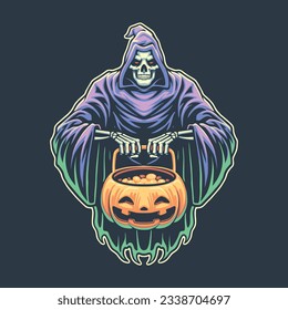 scary grim reaper trick or treat illustration for tshirt design, logo, or stickers