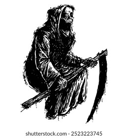 Scary Grim Reaper wielding Scythe, hand drawn illustration vector