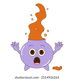 Scary groovy Halloween pot character with potion. Retro cartoon style.