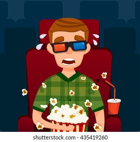 Scary guy. in cinema. Boy in cinema 3D. Vector flat illustration. Man Sit Watching Movie. With Popcorn. Flat Vector Illustration