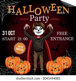 A scary guy in a ghost costume is an invitation to Halloween. Pumpkins. The bats. Free entry. October 31. Party. Web. The character. Autumn. 2021. Boo. Stock Vector Illustration.